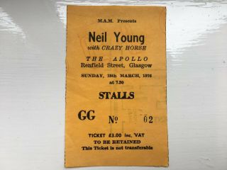 Rare 1976 Neil Young Crazy Horse Concert Ticket Stub The Apollo Glasgow Rock