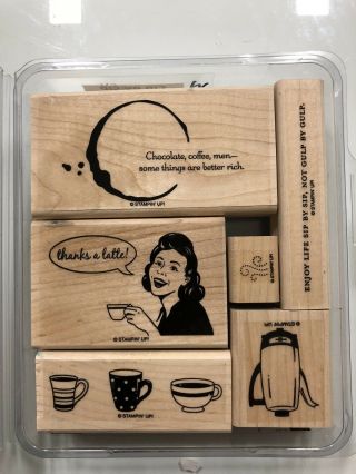 Rare Stampin Up Sip By Sip Thanks A Latte Vintage Lady Coffee Cups Humor - Wood