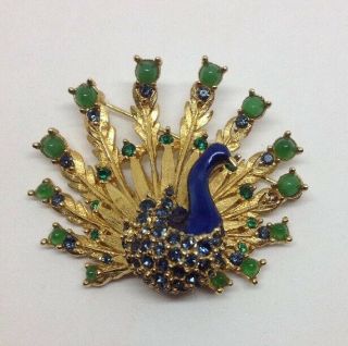Rare Vintage 2 " Signed/numbered Boucher Enamel Rhinestone Peacock Brooch Pin