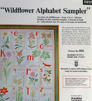 WILDFLOWER ALPHABET SAMPLER Rare Embroidery Kit Paragon 0955 Linen Fabric 2