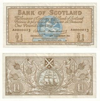 Bank Of Scotland £1 Banknote (very Rare Low Number A0000013) Vf,
