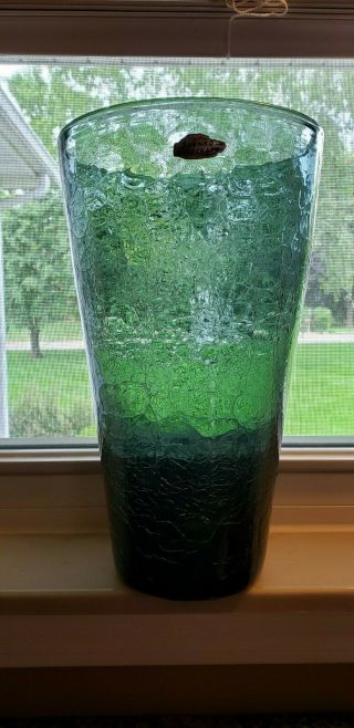 Mid - Century Rare Blenko Large Green Crackled Vase - Sticker - 12 1/4 "