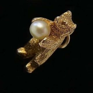 Rare Vintage 9ct Solid Gold & Cultured Pearl Bear Charm 2.  7 Grammes