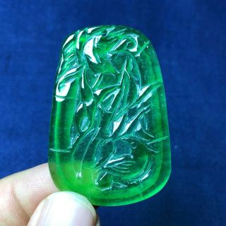 Rare Collectible Chinese Handwork Green Ice Jadeite Jade Bamboo & Birds Pendant