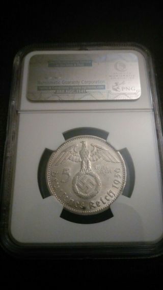 1936 G GERMANY SILVER 5 MARK WITH SWASTIKA SILVER NGC AU 58 RARE THIRD REICH NR 2