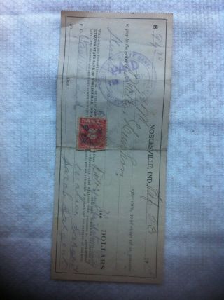 1915 Noblesville Indiana Citizen ' s State Bank Cheque/check 2 cent stamp old rare 2