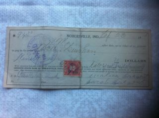 1915 Noblesville Indiana Citizen ' s State Bank Cheque/check 2 cent stamp old rare 3