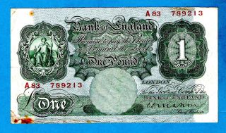 Rare First Series " A83 789213 " England B212 1 Pound C P Mahon 22.  11.  28 Vf,