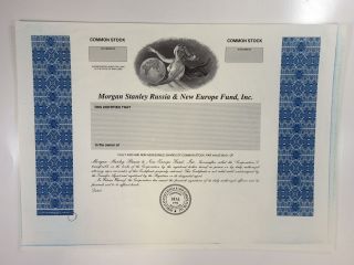Md.  Morgan Stanley Russia & Europe Fund 1994 Proof Stock Cert Xf Abn Rare