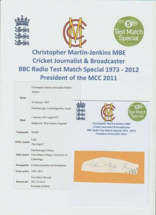 Christopher Martin Jenkins Bbc Cricket Broadcaster Rare Autograph