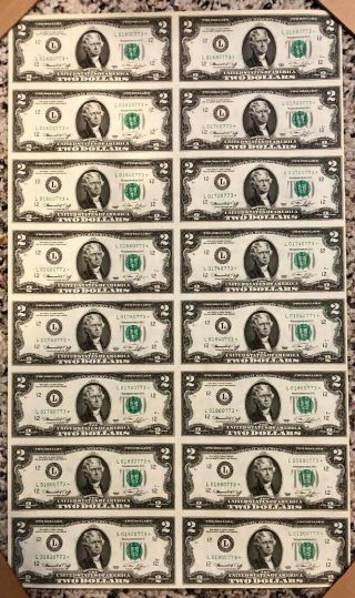 1976 Uncut Currency Star Sheet 16 $2.  00 Dollar Federal Reserve Notes Rare L