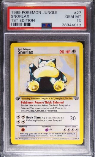 1999 Pokemon 1st Edition Jungle Rare Snorlax 27 Psa 10 Gem
