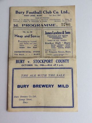 Bury V Stockport County Football Programme 1944 Rare