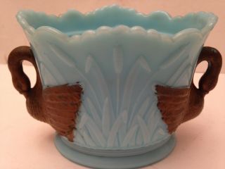 Vintage Blue Aqua Milk Glass Dish Vase With Gold Swans Rare Art Deco