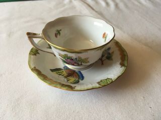 Rare Herend Queen Victoria Tea Cup And Saucer 735 Vbo Butterfly And Floral Decor