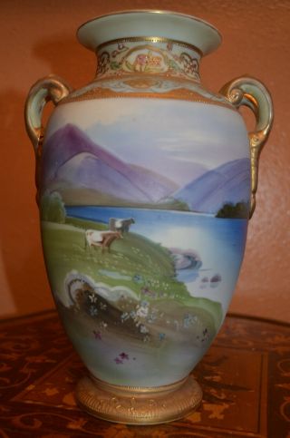 Gorgeous Rare Nippon 10 1/2 " Vase Jeweled Cows By A River Scene Mark 47