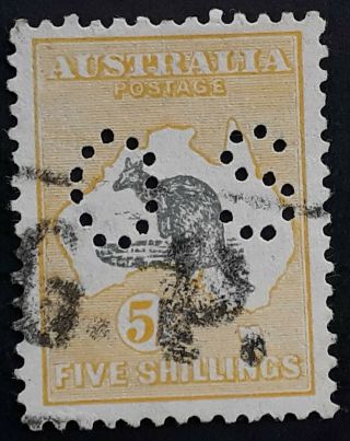 Rare 1929 Australia 5/ - Grey&yell Org Kangaroo Stamp Smwmk Os Perf Fox Face