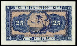 FRENCH WEST AFRICA 25 FRANCS 1942 XF,  /AU RARE FRENCH COLONIAL BANKNOTE 2