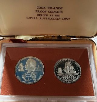 Rare 1973 Cook Islands 7 1/2 & 2 1/2 Dollar Silver Proof Coin Set
