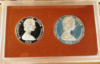 RARE 1973 Cook Islands 7 1/2 & 2 1/2 Dollar Silver Proof Coin Set 3