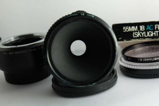 rare Minolta MD Macro Rokkor 50mm f/3.  5 MF Lens,  1:1 Adapter w/ filter & caps 5