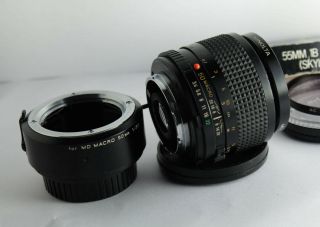 rare Minolta MD Macro Rokkor 50mm f/3.  5 MF Lens,  1:1 Adapter w/ filter & caps 7