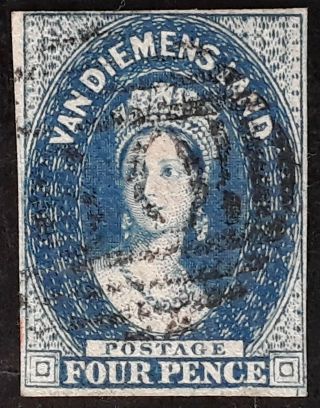 Rare 1855 Tasmania Australia 4d Deep Blue Imperf Chalon Head Stamp Star Wmk