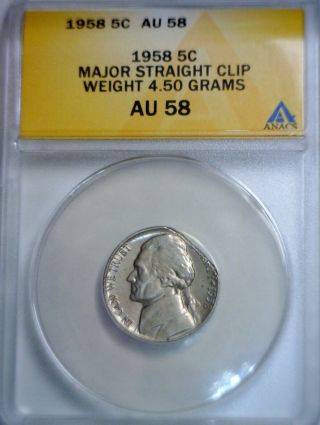 1958 Anacs Error Rare Certified Straight Clipped Jefferson Nickel Coin Clip Nr