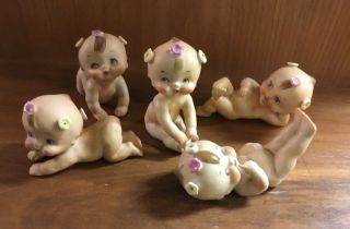 Set Of 5 Rare Hard To Find Vintage Mij Kewpie Figurines With Flowers In Hair