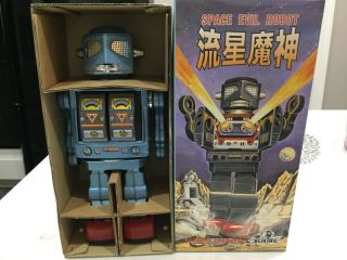 Rare Space Evil Metallic Blue Robot Metal House Japan Mib