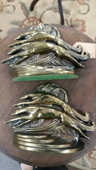 Pair Art Deco Borzoi Bookends Rare Greyhounds In Motion Bronze Clad Elegant 2