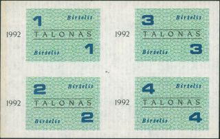 Lithuania 1,  2,  3,  4 Talonas (1992 June) Unc Food Talonai Very Rare