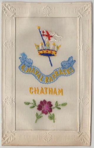 Ww1 Rare Embroidered Silk Postcard Uk Royal Navy R.  Naval Barracks Chatham Kent