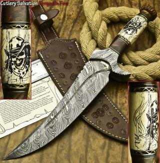 1 - Of - A - Kind Rare Custom Hand Forged Damascus Hunting Knife | Scrimshaw Work