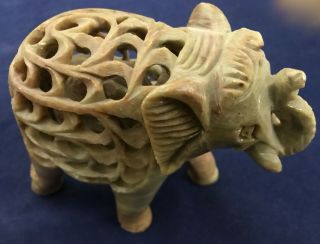COLLECTIBLE RARE CARVED JADE ELEPHANT WITH CARVED BABY INSIDE; TRUNK UP FOR LUCK 2