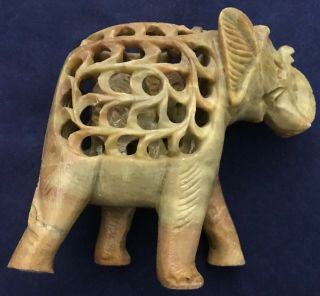 COLLECTIBLE RARE CARVED JADE ELEPHANT WITH CARVED BABY INSIDE; TRUNK UP FOR LUCK 8