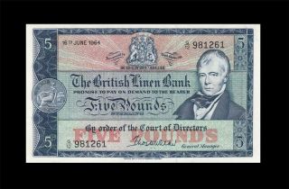 1964 British Linen Bank Scotland 5 Pounds Rare ( (aunc/unc))