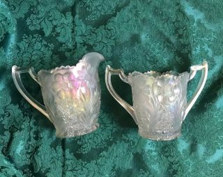 Scarce/ Rare Pattern Cosmos And Cane White Carnival Creamer And Sugar Us Glass