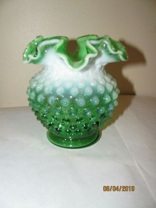 Rare Vintage Fenton Green Opalescent Hobnail Vase Ruffled Top