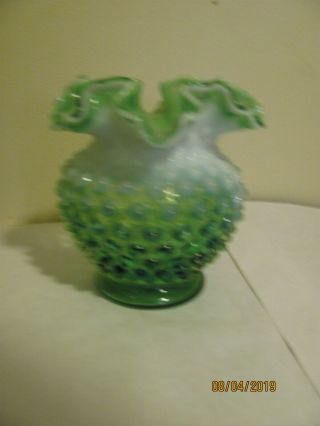 Rare Vintage Fenton Green Opalescent Hobnail Vase Ruffled Top 2