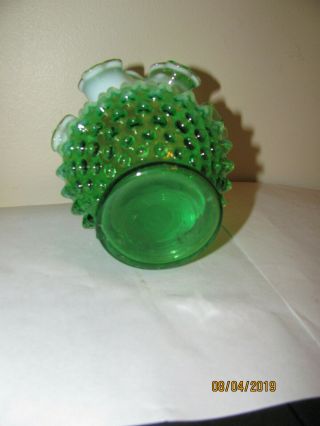 Rare Vintage Fenton Green Opalescent Hobnail Vase Ruffled Top 3