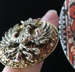 RARE Vtg Sz 3 RING SIGNED ART Heraldic Cosplay Phoenix Crown Gold Tn 1 3/8” Dia 5