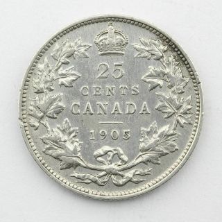 Rare 1905 Canada 25 Cents Sterling Silver Coin Edward Vii Fine Example