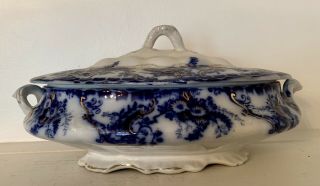 Antique W.  & E.  Corn.  England Flow Blue Casserole Dish W/lid 10.  75” Rare