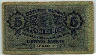 Very Rare Lithuania 5 Centai 1922 P - 9a First Banknote - N842