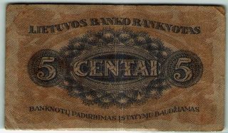 Very Rare Lithuania 5 Centai 1922 P - 9a First Banknote - n842 2