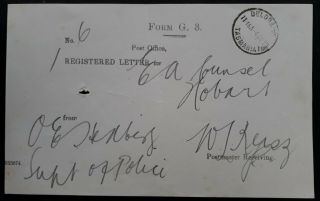 Rare 1910 Tasmania Australia Registered Letter Receipt Form G - Deloraine Postmark