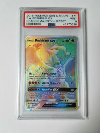 Psa 9 - Pokemon Sm Dragon Majesty Reshiram Gx 71/70 Full Art Rainbow Rare