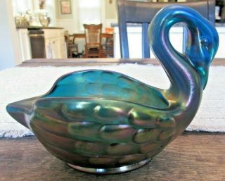 Rare Robert Hansen Signed Carnival Iridescent Art Glass Swan Bowl Dish