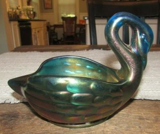 Rare Robert Hansen Signed Carnival Iridescent Art Glass Swan Bowl Dish 2